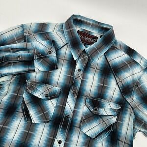 Rock & Roll Cowboy Plaid Western Top Mens Medium Long Sleeve Blue Gray Pearlsnap